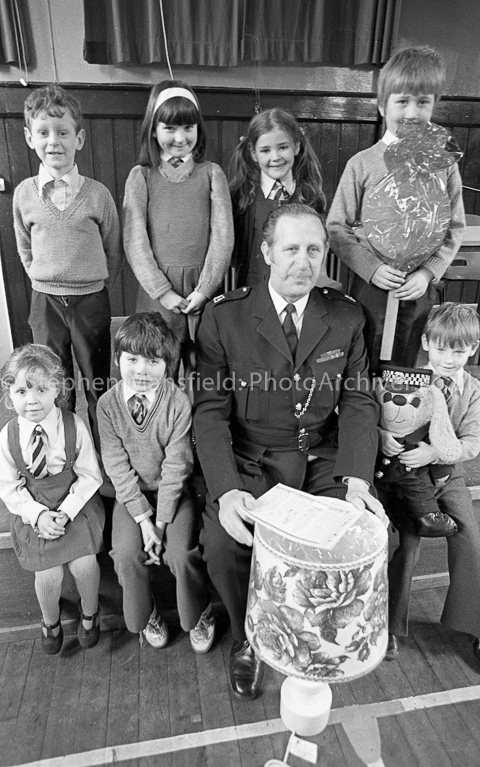 P.C. Shiny Buttons was well known in Renfrewshire schools in the seventies as the cheery hound belonging to Renfrew Police Road Safety Department and when his handler, P.C. Moffat retired from active duty, St. John's Primary in Barrhead gave him a rousing send off.<br />Picture by Stephen Mansfield.  1122_001
